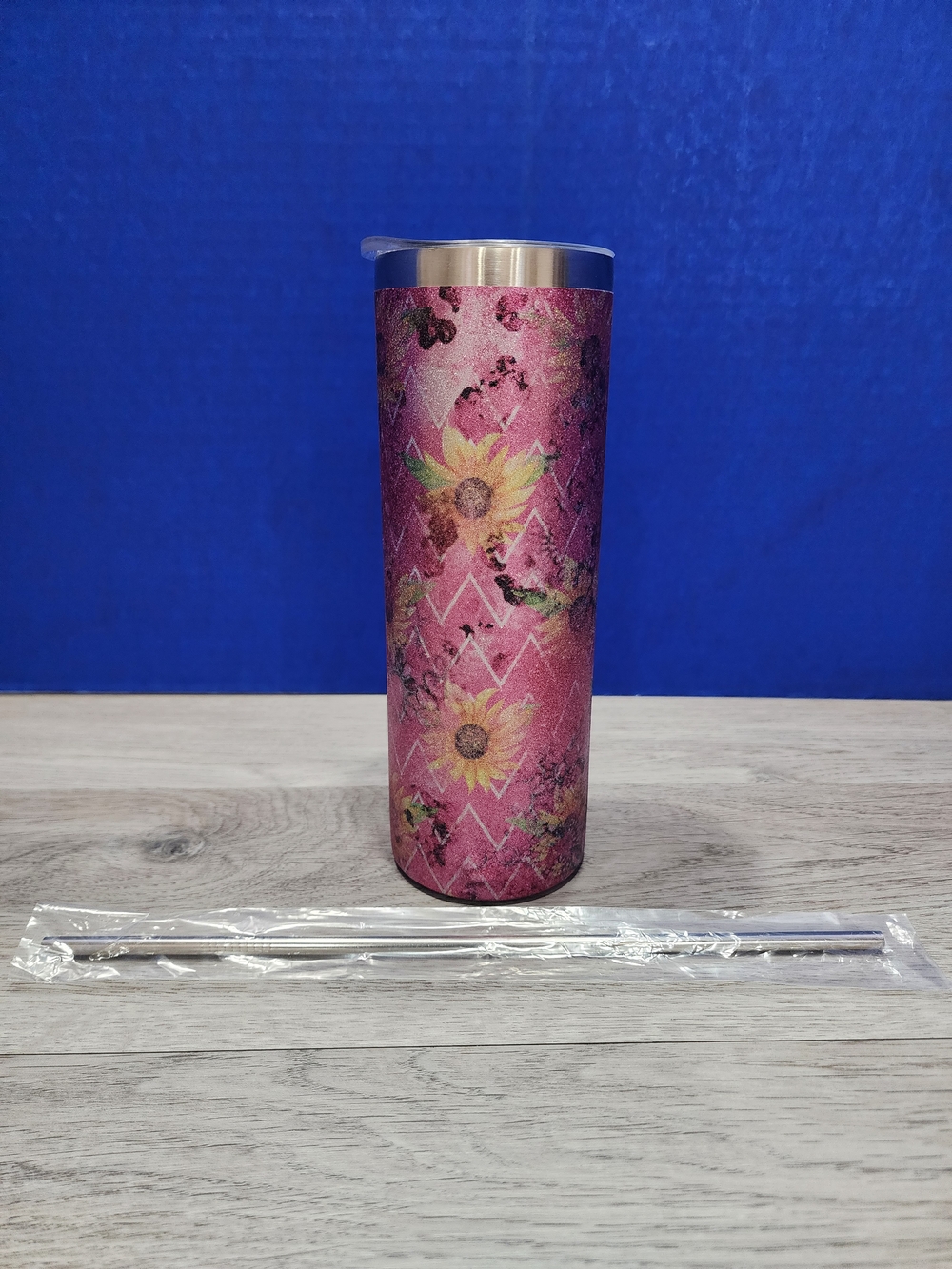 Handcrafted Sublimated 20oz Stainless Steel Pink Glitter & Yellow Floral Tumbler